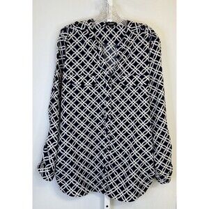 Elementz Women’s Blouse XL Navy White Geometric Print Long Sleeve Button Pockets